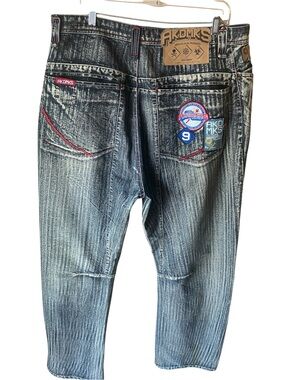 Y2K Akademiks men’s Acid Wash jeans with Embroidered Pockets & Patch Details
